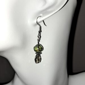 Handmade Irridescent Onion Bead &  Crystal Drop  Dangle Earrings in Silver